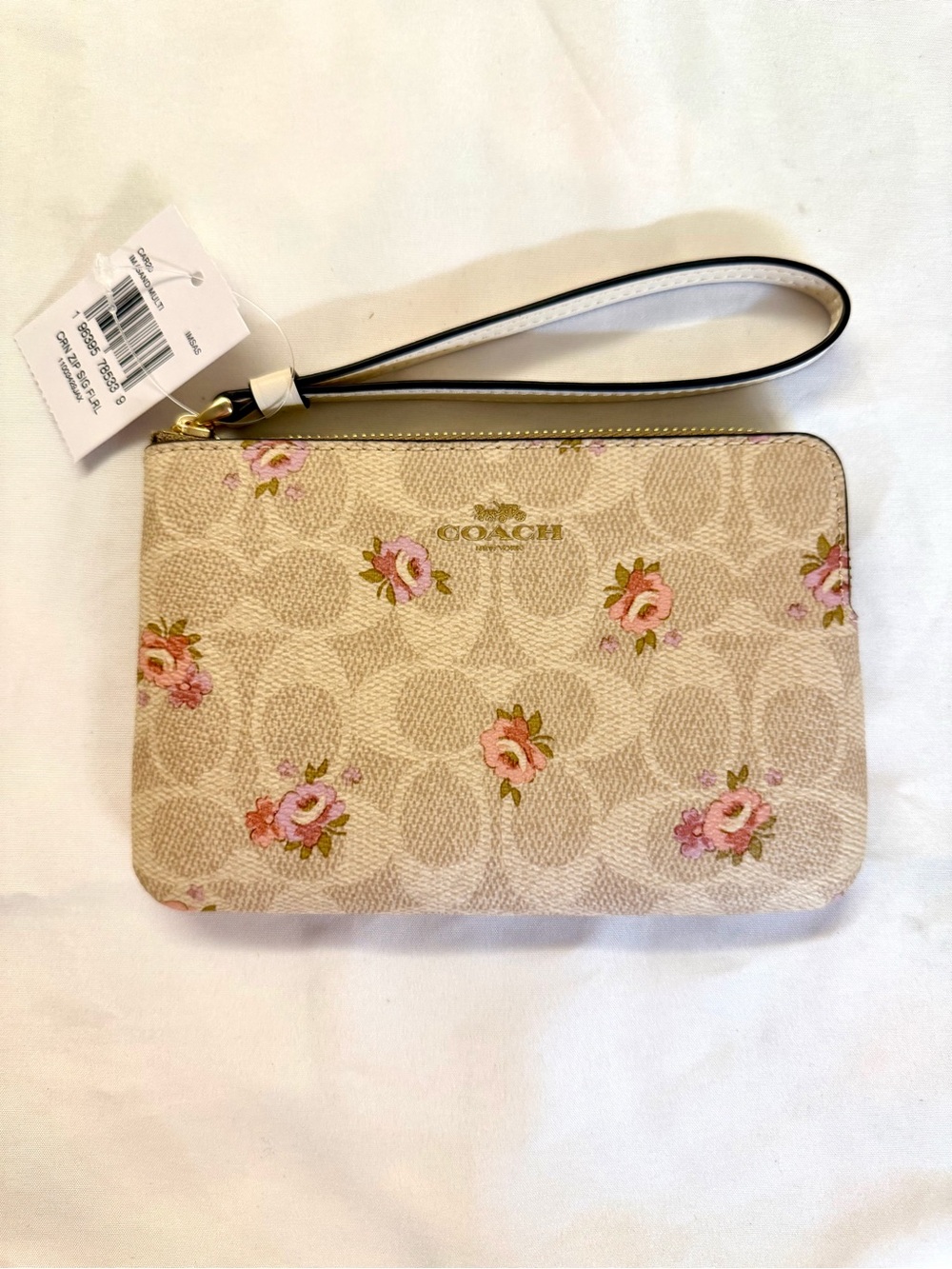 Coach Beige Signature Floral Wristlet with Pink Roses
